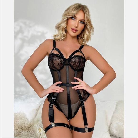 Women Eyelash Lace Trim Teddy Sexy-Lingerie One Piece Bodysuit with Thigh Straps - Picture 5 of 7